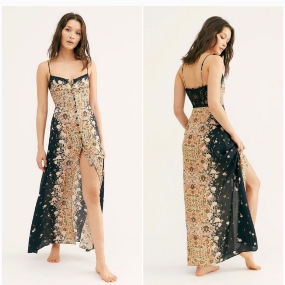 Free People Morning Song Printed Floral Slip Maxi Dress - Black - XS - EUC